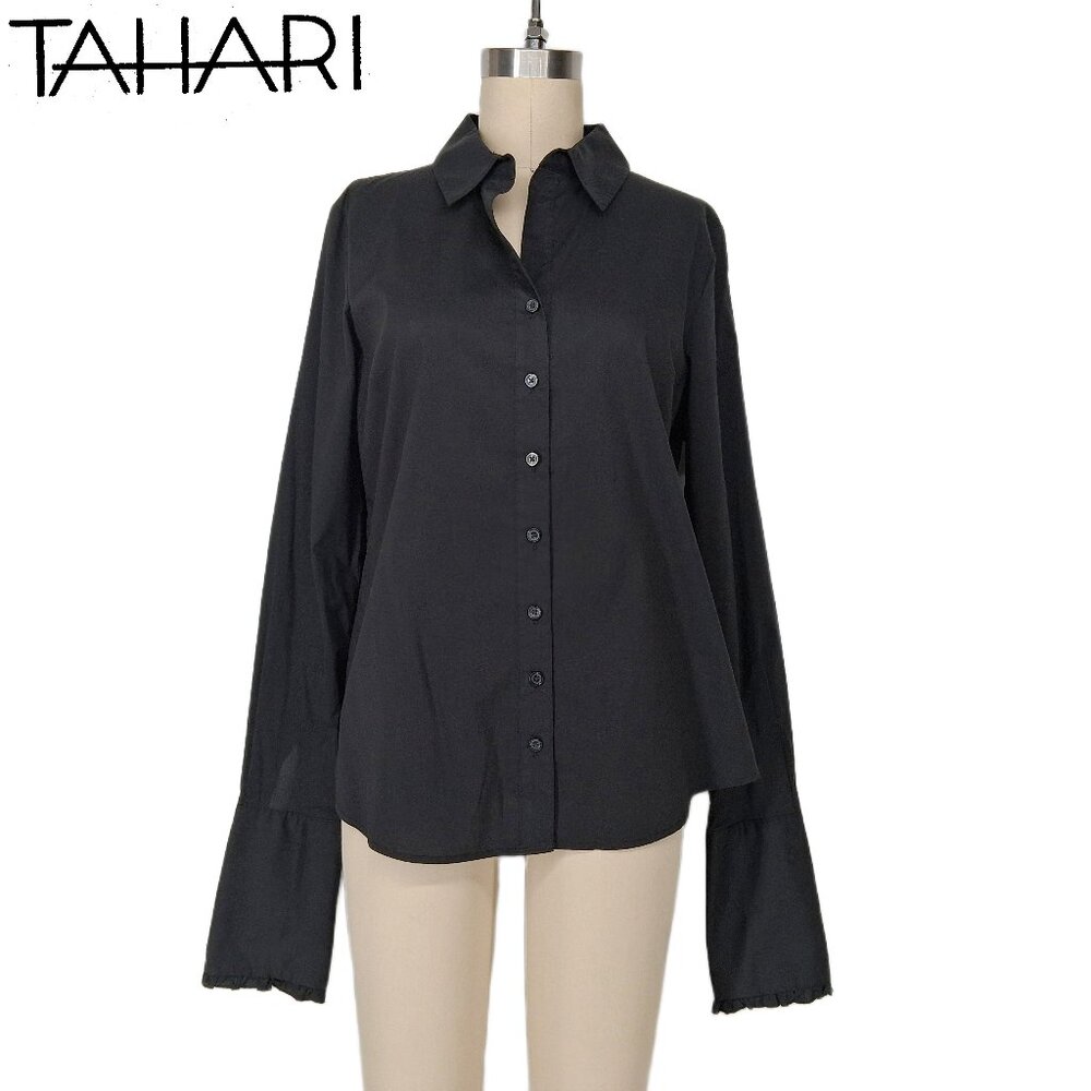 Tahari Black Button Front Shirt French Cuffs Pick Stitch Tailored Stretch SZ M